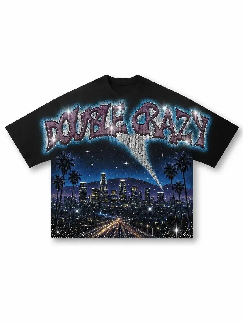 [NO RHINESTONES] Y2K Streetwear Los Angeles Skyline Graphic Tee Double Crazy Retro Hip Hop Print Heavyweight Cotton Oversized T-Shirt Loose Fit Vintage Rap Tee Gift for Men Women