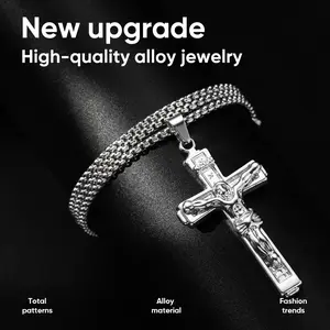 Silver Crucifix Cross Necklace for Men and Women, Zinc Alloy Jesus Cross Pendant Chain, Unisex Religious Faith Jewelry Gift for Baptism, Confirmation and Everyday Wear men's