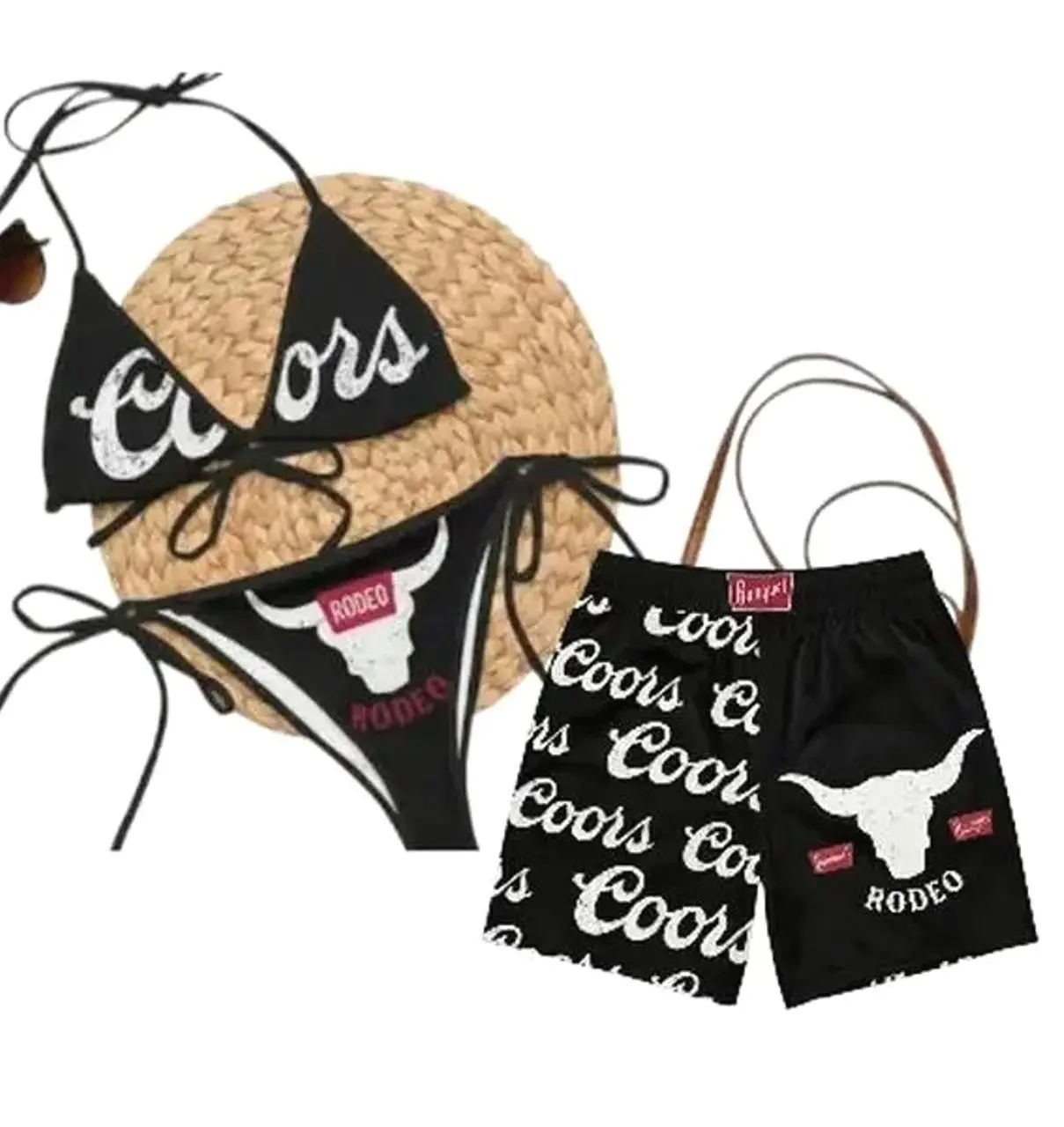 Coors Couples Matching Swimwear Set - Women's Tie-Side Thong Bikini, Men's Hawaiian Beach Shorts, Summer Vacation Aloha Outfit LVL V7A