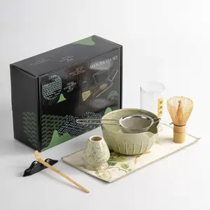 Matcha Whisk Set - 7 count matcha kit ,Matcha Bowl with Spout,  Whisk with Ceramic Holder, Macha Scoop and Sifter, Matcha Kit for Ceremony,  for Matcha Lovers Green matcha set