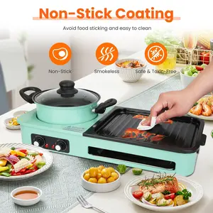 3 in 1 Electric Hot Pot with Grill 1600W Smokeless Non-Stick Korean BBQ Grill Shabu Shabu Hot Pot Combo with Independent Temperature Control for 3-5 People