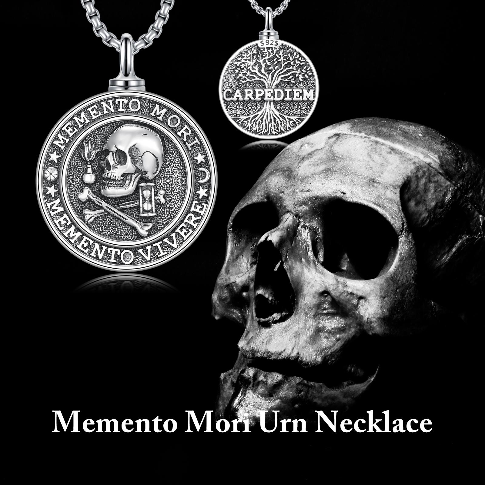 MEIDERBO Dream Chaser Memento Mori Urn Necklace 925 Sterling Silver Oxidized Finish Carpe Diem Pendant Captain Steel Style Stainless Steel Bead Chain 22+2 Inch
