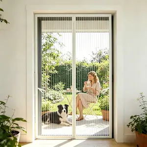 A White Magnetic Striped Curtain, Heavy Duty Shiny Gold Fabric Mesh Screen Door, Automatic Closing & Tool-Free Installation, Keeps Bugs Out, Mosquito-Proof Curtain for Bedroom, Living Room, And Balcony