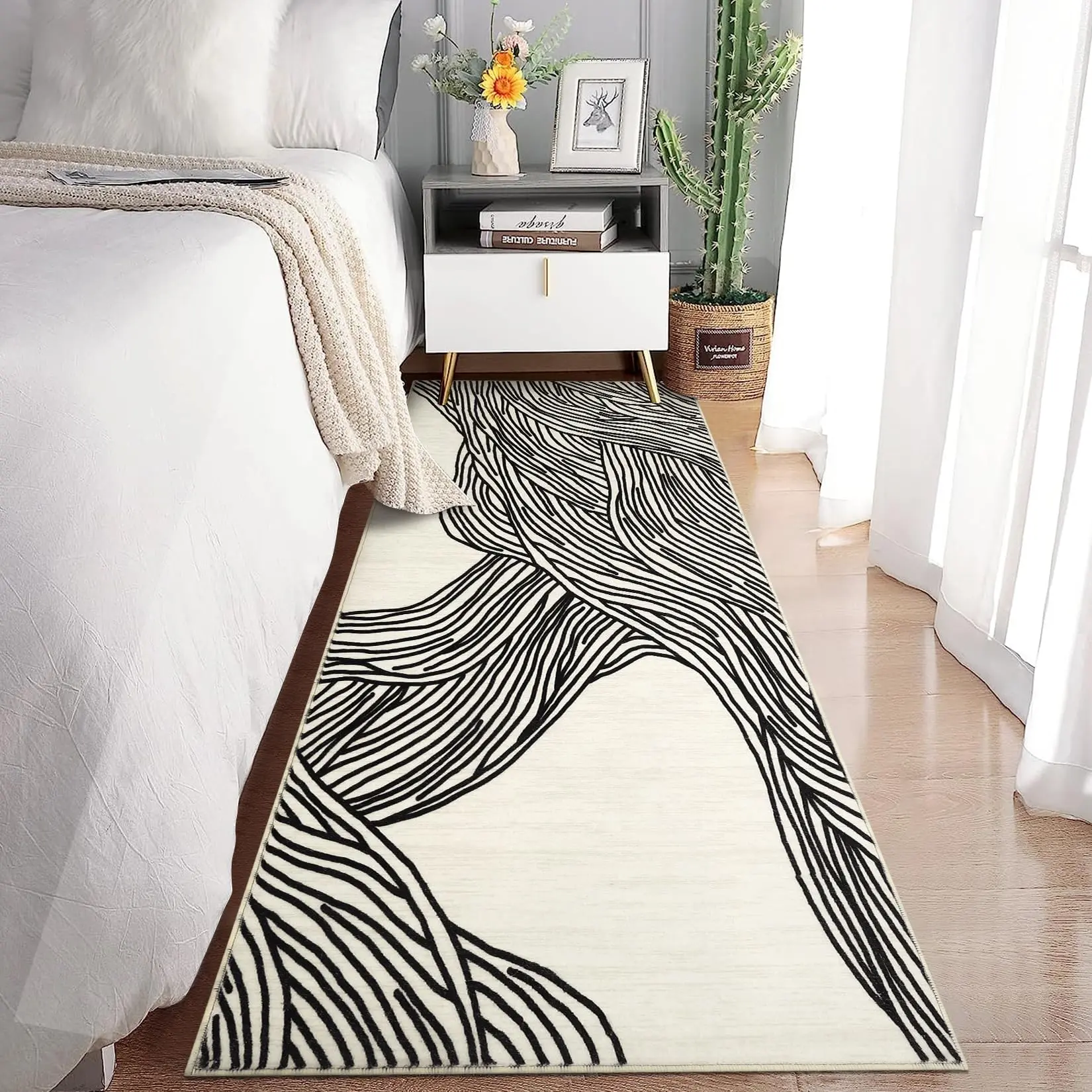 Washable Runner Rug 2x6 Modern Striped Runner Rug Kitchen Runner Rug with Non-Slip Backing Stain Resistant Carpet Low Pile Floor Cover for Hallway Laundry,Black/White