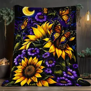 Sunflowers and butterflies Blanket-Lightweight Flannel Home Furnishings Bedding Blanket Suitable for Sofas Beds Travel Camping Living Rooms Offices Sofas Chairs and Beds-Soft and Warm Flannel Fabric Digital Printed Blanket