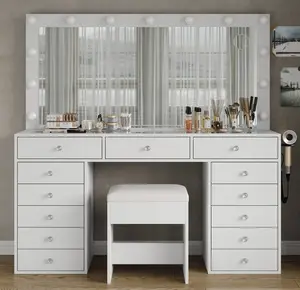 55" Makeup Vanity Desk with Lighted Mirror, Vanity Table Gift, 13 Drawers, White
