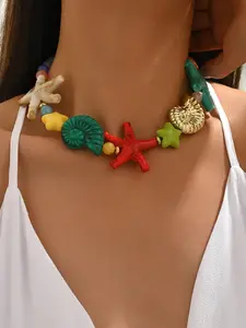 Boho Style Random Beaded Necklace with Shell and Starfish Design, Marine Life Pendant, (Random Color Accessories) for Beach Holidays, Perfect Gift for Festive Occasions