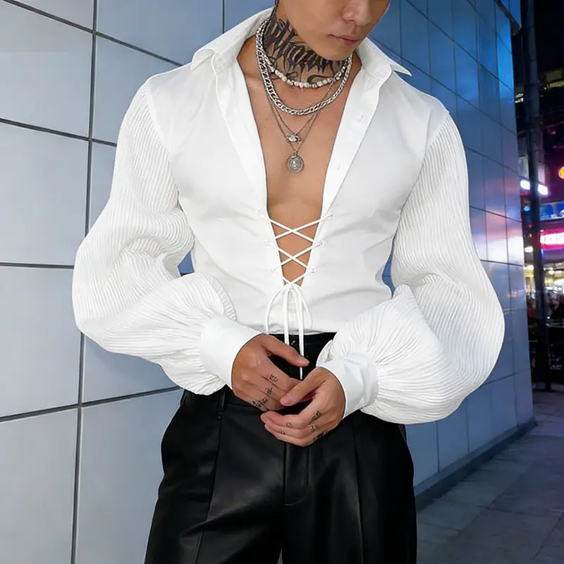 INCERUN Men Button Front Puff Long Sleeve Textured Patchwork Drawstring Lace-up Casual Party Club Blouse Shirt Tops
