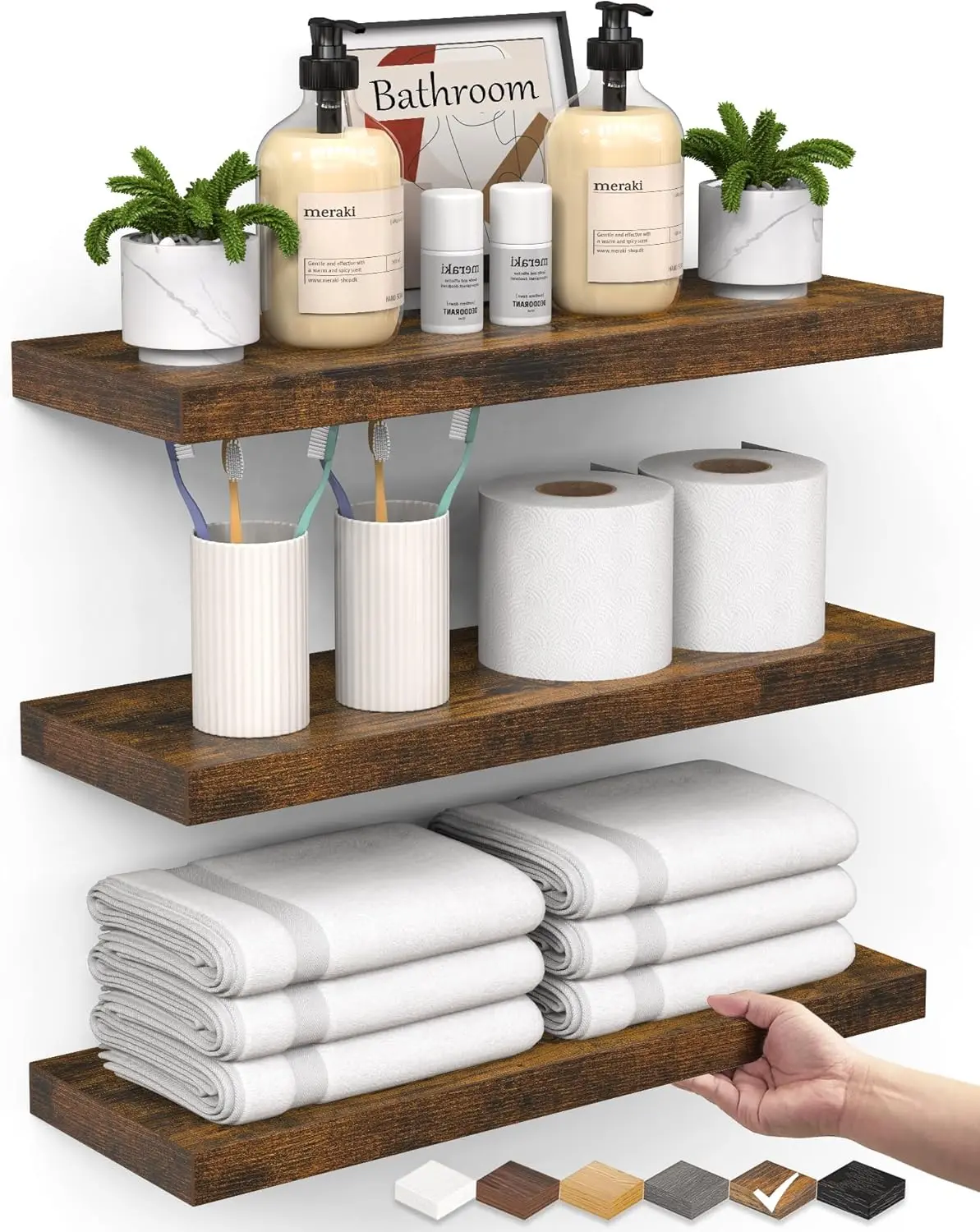 3-Piece Rustic Brown Durable Unpainted Wooden Floating Shelves - Wall-Mount Farmhouse Decor for Over-Toilet Bathroom, Bedroom Storage & Display (Plants, Toilet Paper, Bath Towels)
