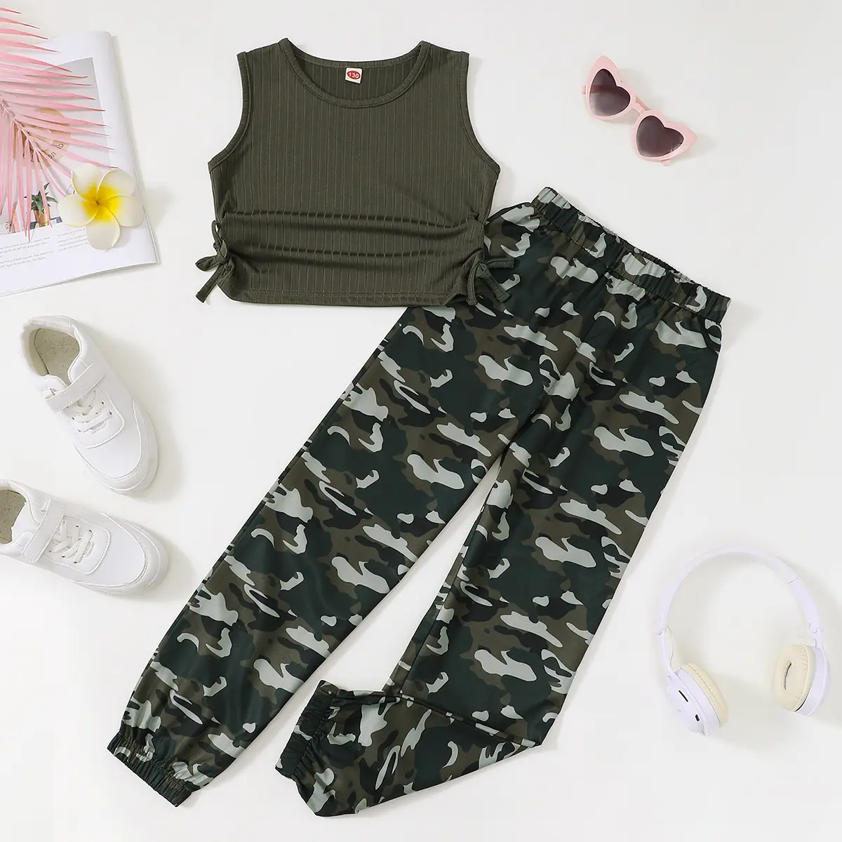Ready Stock 2Pcs Solid Color Ribbed Sleeveless Crew Neck Top + Camouflage Jogger Pants Set For Girls, Versatile Street Walking Set Vacation Summer Gift 7-14 42403054