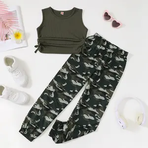Ready Stock 2Pcs Solid Color Ribbed Sleeveless Crew Neck Top + Camouflage Jogger Pants Set For Girls, Versatile Street Walking Set Vacation Summer Gift 7-14 42403054