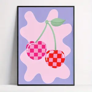 1pc Danish Cherries Canvas Poster- Frame, Colorful Pastel Print for Kitchen, Bedroom, Living Room Decor |   Modern Art Deco Wall Art with Cartoon Pattern, Kitchen Wall Art |   Retro Modern Art |   Bold Color Print, Painting Wall Decor
