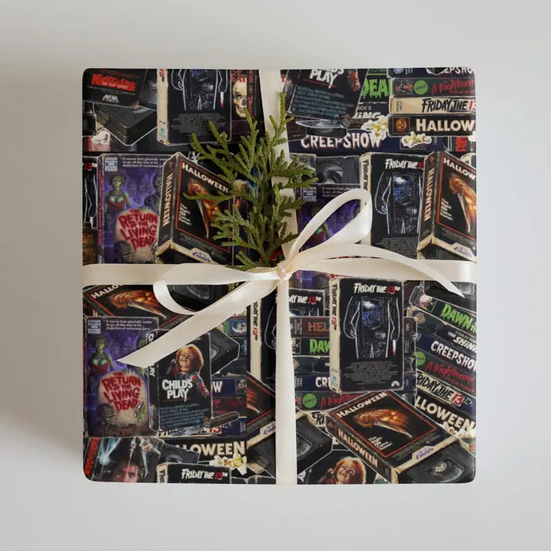 Retro Horror VHS Wrapping Paper, 80s Video Store Gift Wrap, Maximalist Cult Movie Paper