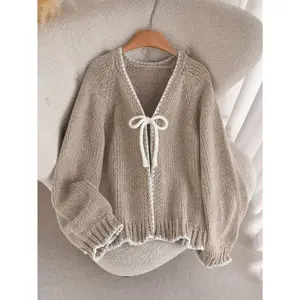 Women's Contrast Trim Knit Cardigan Sweater with Front Tie Loose Fit Long Sleeve V Neck Lightweight Chunky Knitwear Top Casual Black Feminine Autumn Everyday Chic Dress Vintage Womenswear Piece Basic Fitted Minimalist Vneck Knitting Dark Gray Stripe
