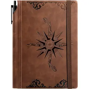 Compass Leather Notebook Journal for Men, 100 GSM 288 Pages Lined Journals for Writing, A5 Hardcover Journaling Notebooks Gift Set with Pen for Travel Office Daily Writing