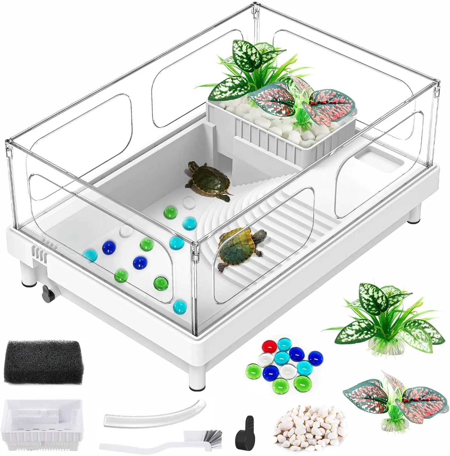 Small Turtle Tank Starter Kit, Acrylic Turtle Aquarium with Multi-Functional Areas for Turtles, Crabs, Crayfish, Small Reptiles.(White Tank)