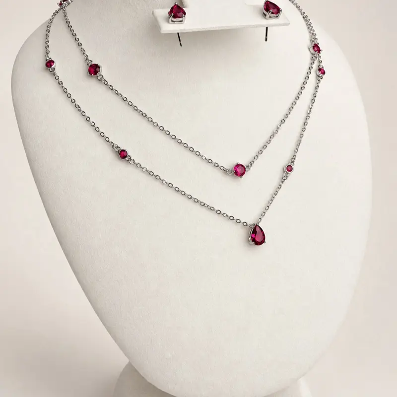 Ruby Red Stone Layered Necklace & Teardrop Earrings Set – Silver-Tone Jewelry