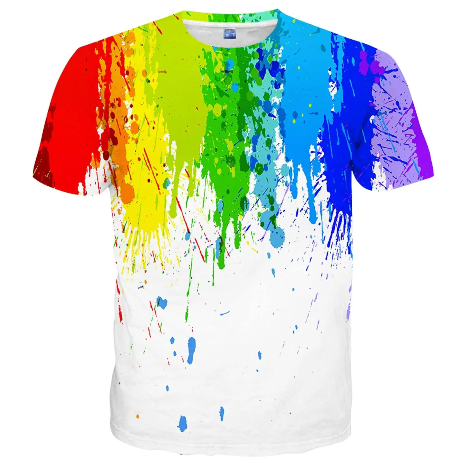 Unisex All-Over Paint Splatter Print Tee, Casual Streetwear in Breathable Fabric with Short Sleeves for Festivals, M, Round Neck, No