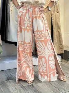 Plus Size Women's Long Pants, Casual Basic Trousers, Loose Comfortable Wide Leg, Split Printed Design, Casual Fashion for All Seasons, Casual Streetwear Trousers