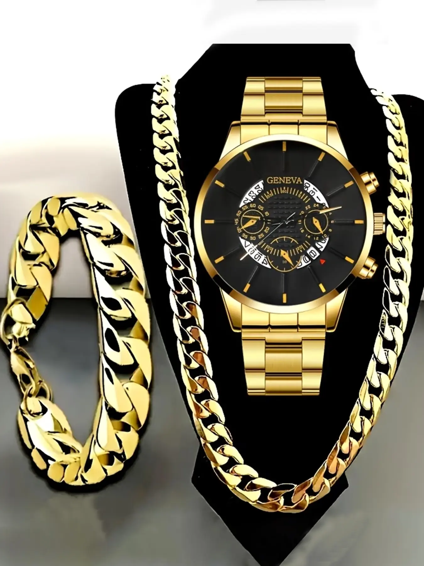 3-Piece Men's Fashion Quartz Watch Set, Bracelet Set, Accessory Set, Round Dial, Chain Bracelet and Necklace - Perfect Back to School/Christmas Gift, Fashion Accessories, Battery Powered, Durable Chain, Young Professionals
