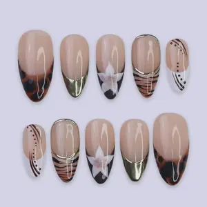 [FLASH SALE 50%] Autumn Press On Nails, Tortoiseshell with Gold Tips and Floral, Nude Medium Almond Nails, Handmade Nail Art for Everyday Wear