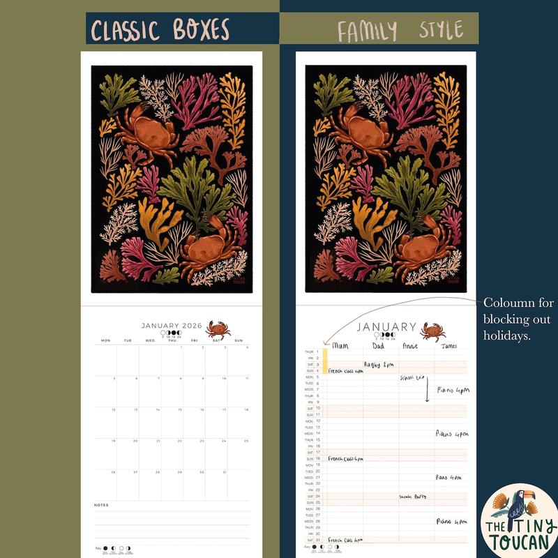 2026 Calendar A4 Illustrated Wall calendar. Cottagecore. Mushrooms. Frogs. Family Calendar. Magpies. Capybara. Mon-Sun organisation handmade