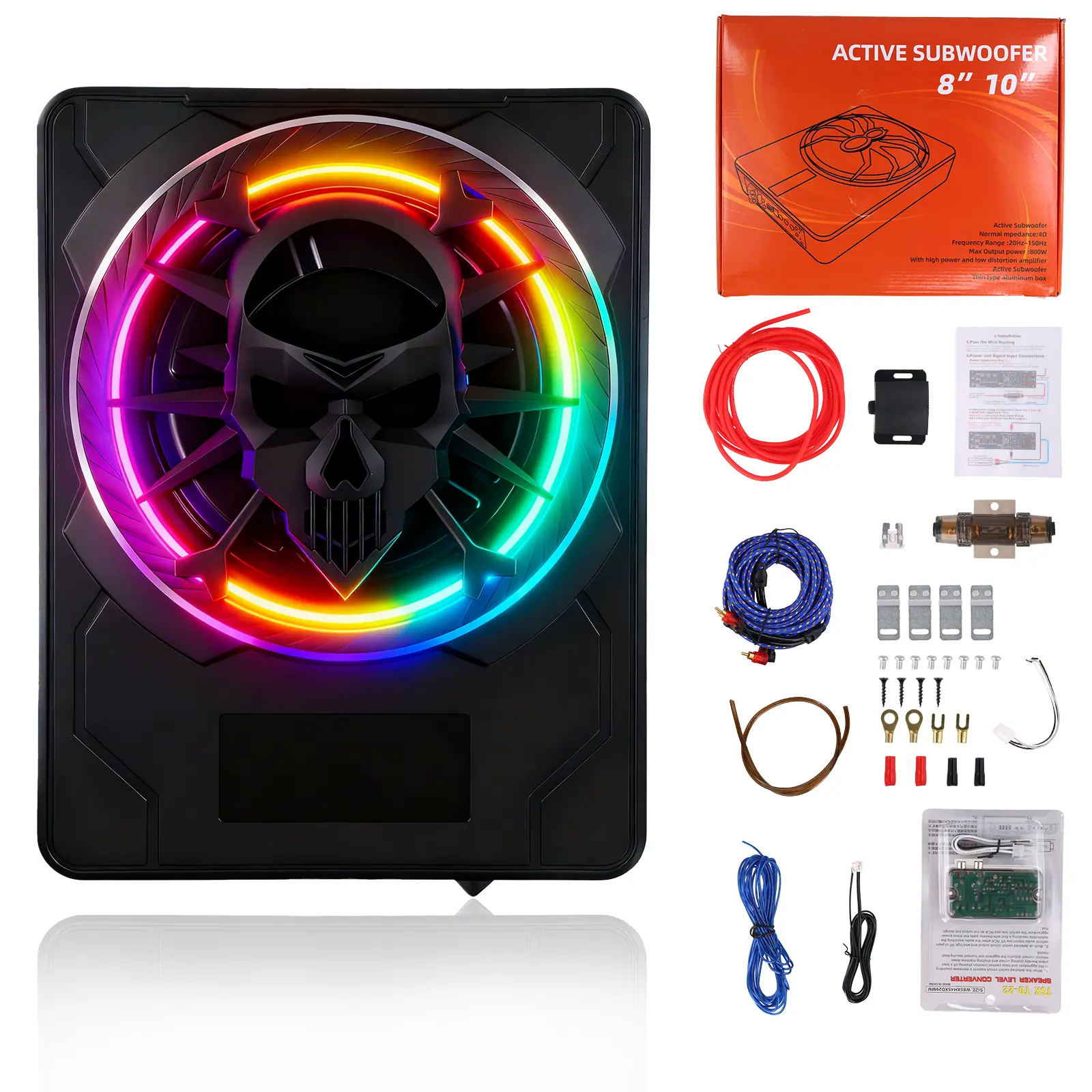 10" 1200W Ultra-thin Under Seat Powered Car Subwoofer,Color LED Ambient Light,DSP Noise Cancellation,Built-in Amplifier, Phase Control, Enhanced Bass Independent Control, RCA and High Level Inputs,Suitable for Truck/SUV/Jeep,SummerVibes