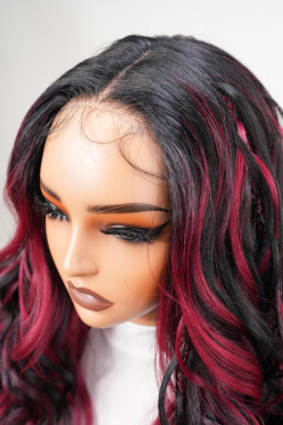 Noble 25 Inch Black & Red Ombre Braided Body Wave Wig