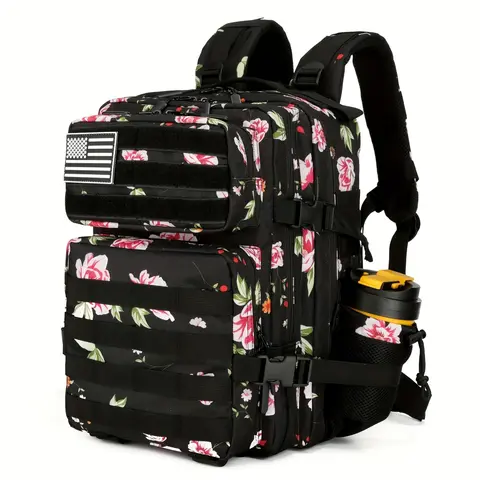 Unisex 26L Waterproof Oxford Fabric Modern Peony Fashion Durable Tactical Backpack - Rucksack with Zipper, Adjustable Strap, Bottle Holder, Molle Addon Ready, Ideal for Outdoor Hiking, Camping