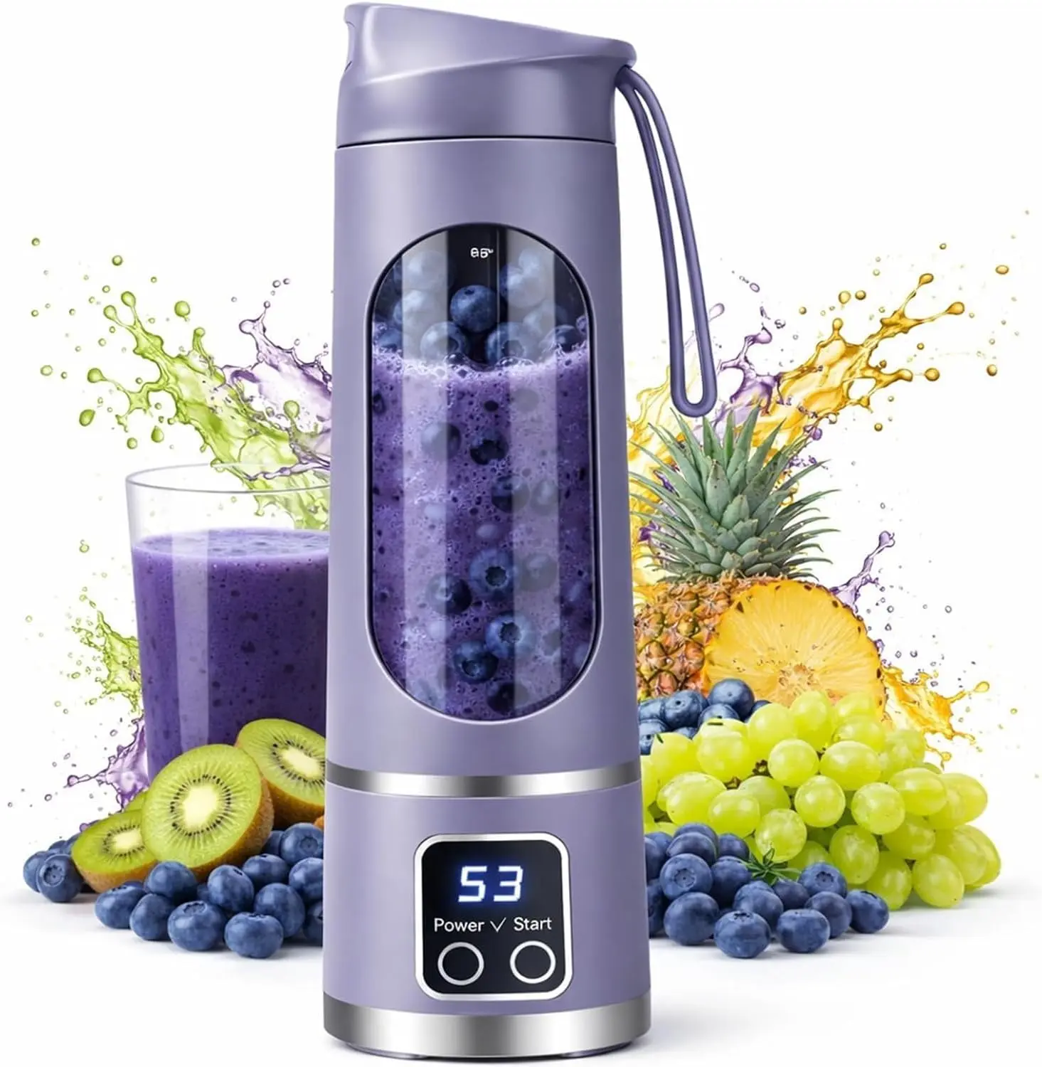 Portable blender Cordless USB-C rechargeable 15OZ juicer cup Purple | Personal compact travel Fresh juice Self-cleaning Leakproof lid Smart display 12 blades with strong blending Shakes Smoothies