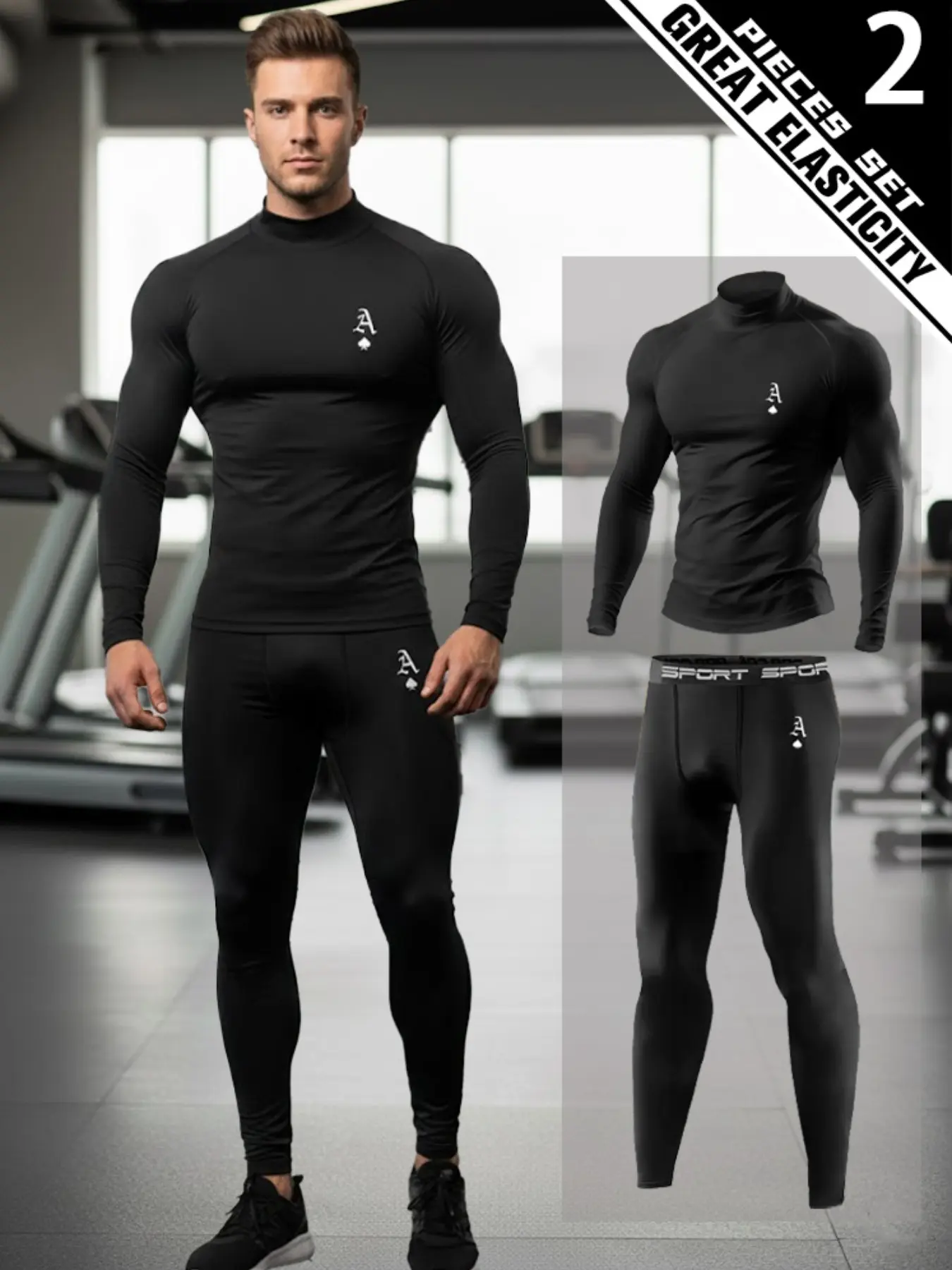 Men's 2-Piece Compression Workout Set, Sports Clothing Set, High Neck Long Sleeve Compression Shirt and Pants with Spade A Graphic, Breathable High Stretch Athletic Base Layer for Gym, Daily Wear, Sports Outfit Gift for Him, Athleisure Wear Set