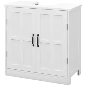 White Bathroom Sink Cabinet with U Shaped Cutout Fits Pedestal or Wall Mounted Sinks Adjustable Shelf Inside Double Door Design Space Saving Storage for Towels Toiletries Cleaning Supplies Small Bathroom Apartment 23.6 Inch Wide