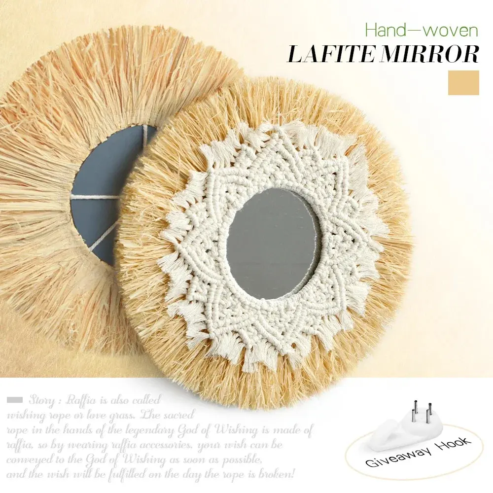 Boho Home Decoration Straw Hand-woven Mirror Wall Decoration Home Decoration Mirrors Bedroom  Macrame Wall Hanging