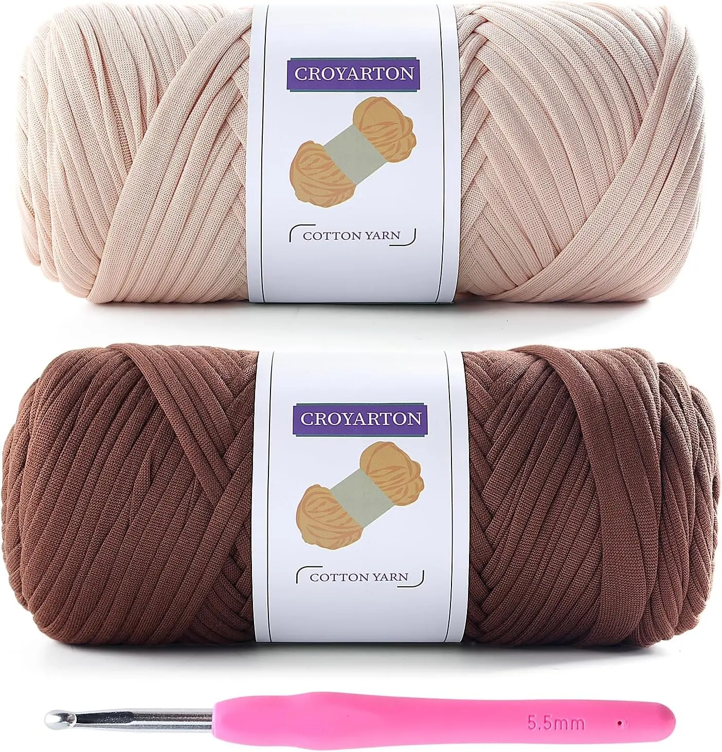 2 Pack T Shirt Yarn for Crocheting with 1 Crochet Hook, Elastic Tshirt Yarn for Crochet Bag/Baskets/Home Decor, Spaghetti Yarn Thick Knitting Yarn Total Length 130 Yds (Beige+Coffee Color) Gift
