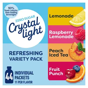Crystal Light Refreshing Drink Mix Variety Pack, 44 Packets, for Convenient Hydration, Lemonade, Raspberry Lemonade, Peach Iced Tea, Fruit Punch, Natural and Artificial Flavor, Zero Sugar, 4.18 oz