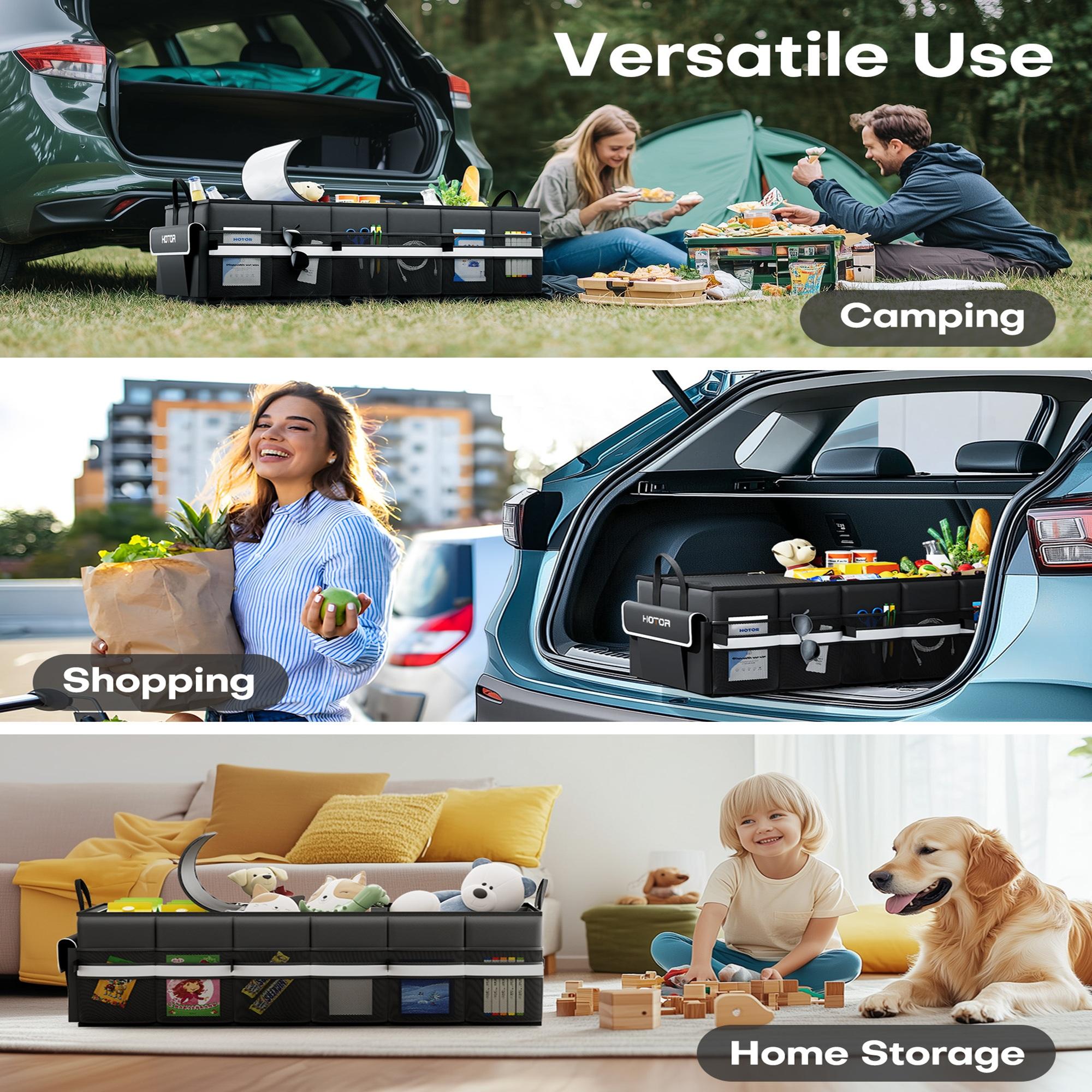 3 Compartment Car Trunk Organizer, Foldable Black Storage Box with Gray Edge, Built in Insulated Cooler Section with Ice Pack and Reflective Strip Design, Large Capacity Trunk Organizer for SUV, Sedan, Grocery, Tools and Travel Essentials