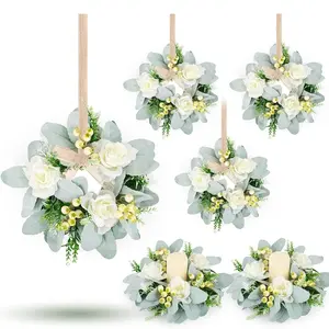 Wedding Rose Candle Holder Wreath, Artificial Lamb's Ear Flower Ring, Column Centerpiece, Banquet Table Wall Window Farmhouse Decor