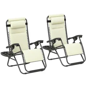 Zero Gravity Lounge Chair Set – Cream. 2 Pieces with Lockable Reclining Back. Quick-Drying Pad + Head Pillow. Side Tray + Foldable. 264 lbs Cap