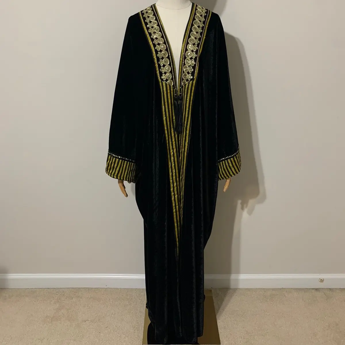 Black Velvet with Yellow / Gold Stripe and Sequin Traditional Arab Abaya