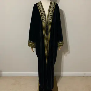 Black Velvet with Yellow / Gold Stripe and Sequin Traditional Arab Abaya