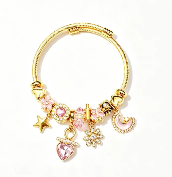 Pink Heart Moon Star Charm Gold Bangle Bracelet, Adjustable Cable Wire Cuff Bracelet with Pink Crystal Flower Charms, Cute Sweet Jewelry Gift for Women Teen Girls