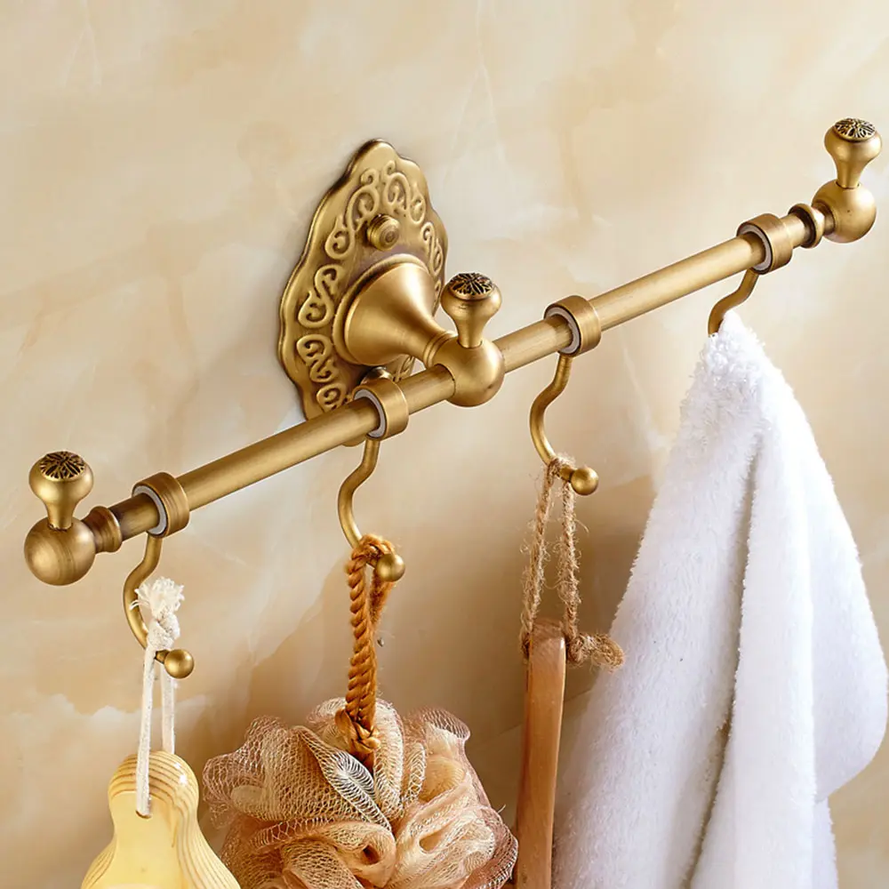 Durable Classic Brushed Brass Wall-Mounted Towel Bar with 4 Hooks, Bathroom Wall-Mount Fixture for Hanging Towels, Home Improvement Bathroom Decor, Bathroom Organizing Accessories, Brass Towel Hooks
