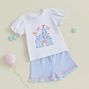 Toddler Baby Girl Summer Outfit Bow Castle Embroidery Short Sleeves T-Shirt and Elastic Striped Shorts Set Little Girls Cute 2 Piece Summer Clothes