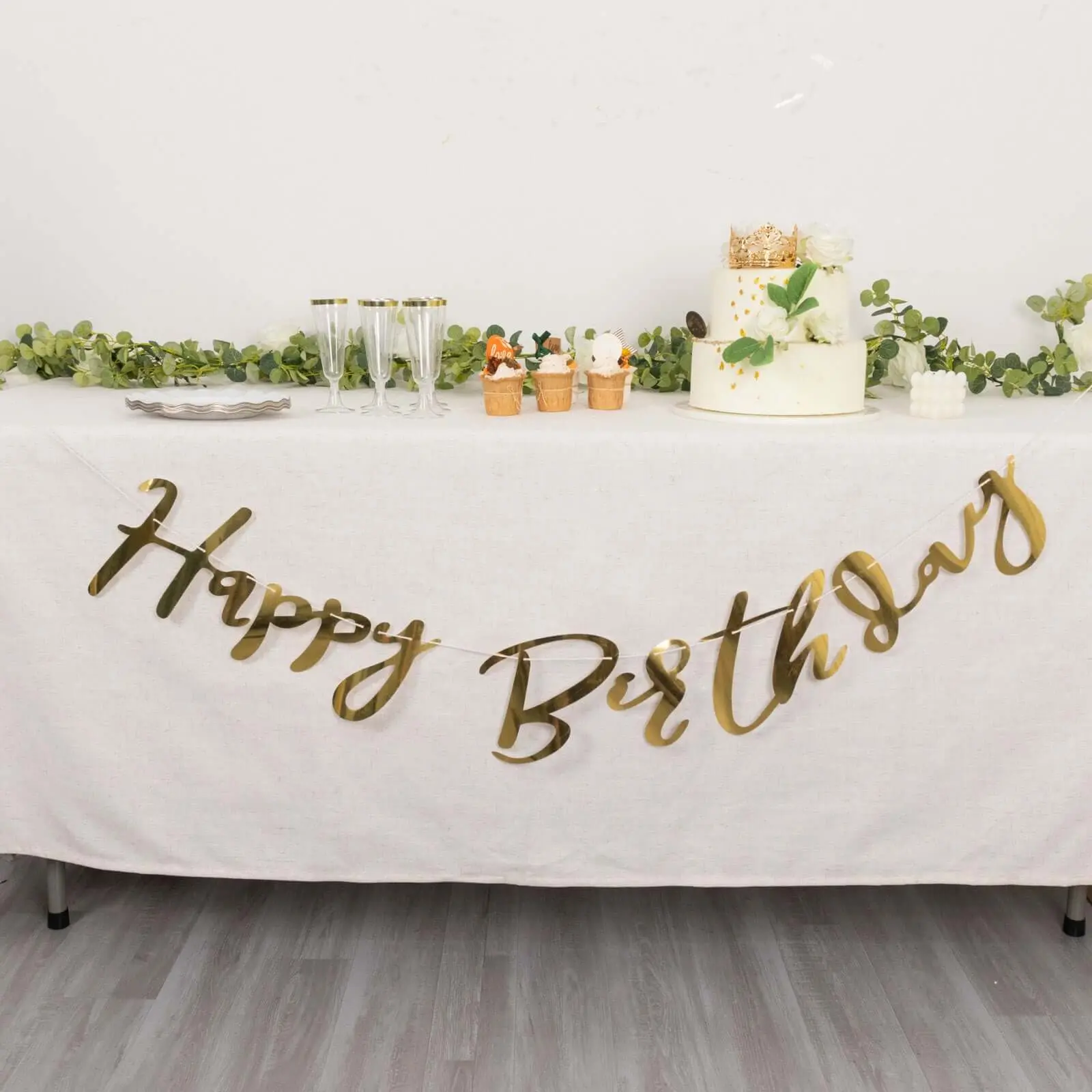 10ft Decorative Pre-Strung Metallic Gold Foil "Happy Birthday" Banner - Hangable Party Photo Backdrop Garland, 250 GSM for Branches, Ceiling Decor (Home & Festive Party Supplies), Fits Other Birthday Decorations