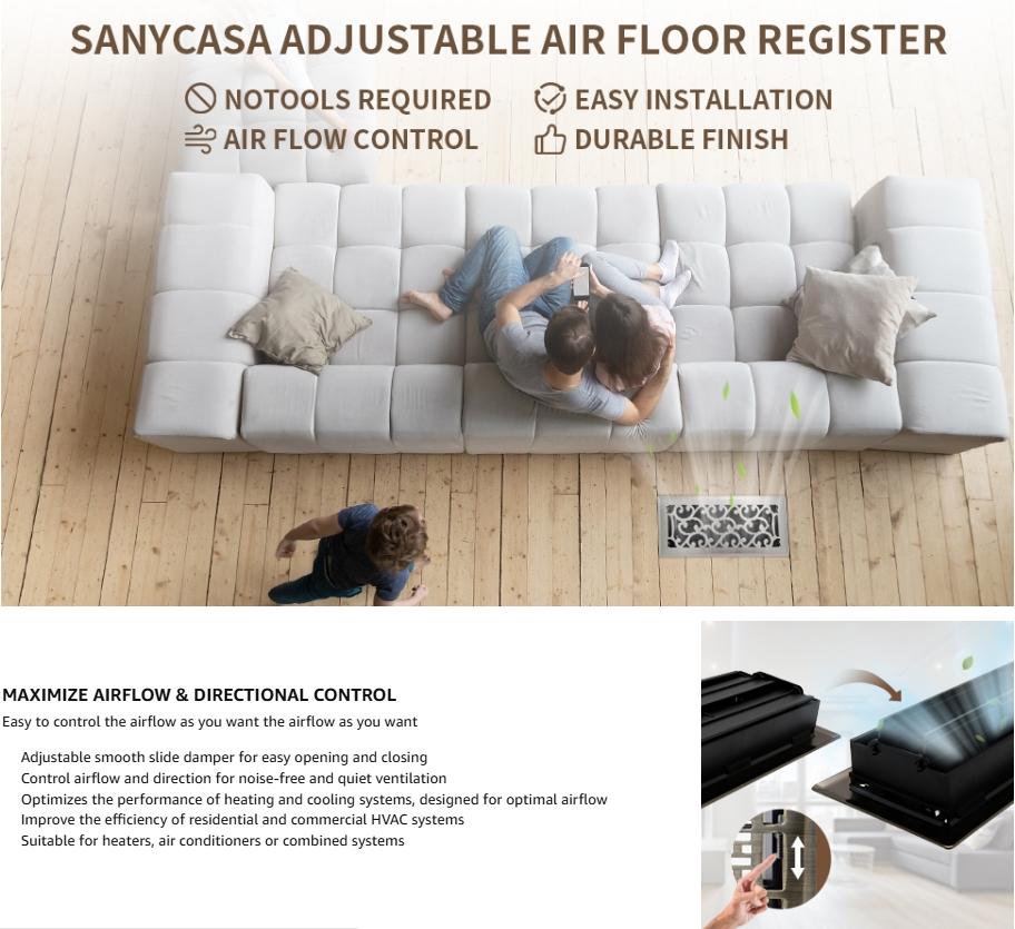 4x10 Inches Air Floor Vents Register Ease Adjust Air Flow Savannah Design-Heavy Duty Walkable Steel Decorative Floor Vent for Room - Antique Brass Floor Vent Covers - 2 Pack