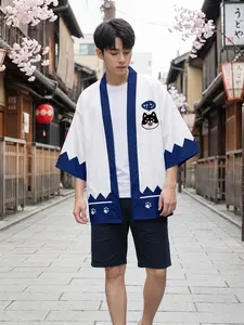 Japanese Shiba Inu Anime Kimono Open Front Coat, Men's Loose Oversized Cartoon Print Outerwear, Essential for Daily Wear, Comic Con, Street Style