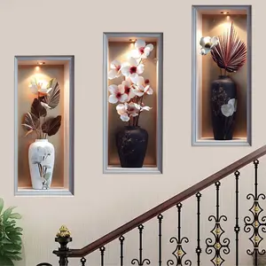 Elegant Vase Wall Stickers Set of 3, Removable Fake Niche Art Floral Plant Decor, Living Room Bedroom Office Home Decoration, Removable Wall Mural