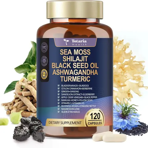 25-in-1Sea Moss Black Seed Oil Ashwagandha Ginger Shilajit Supplement 18525mg, Sea Moss Capsules with Bladder Burdock Ceylon Cinnamon Berberine ACV Manuka VIT C&D3 for Immune, Gut & Energy, 120 Caps