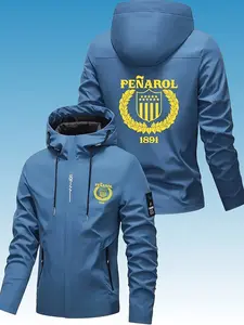 Men's Penarol Logo Print Jacket, Zip Hooded Windbreaker, Vintage Design with Olive Branch Badge, Lightweight Polyester Raincoat