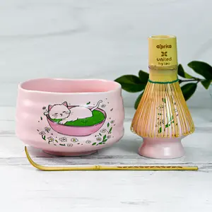 Matcha Tea Making Set with Matcha Whisk, Scoop, Whisk Holder, Bowl - Ceramic Aesthetic Matcha Lover Kit - Pink